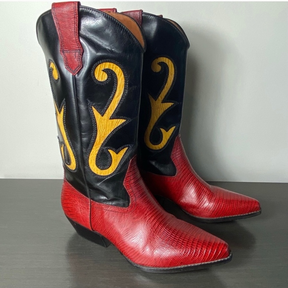 NINE WEST Red, Black and Yellow Nolan Cowboy Boots